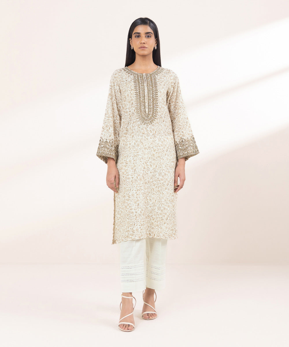 Women's Pret Khaddar Embroidered Off White A-Line Shirt