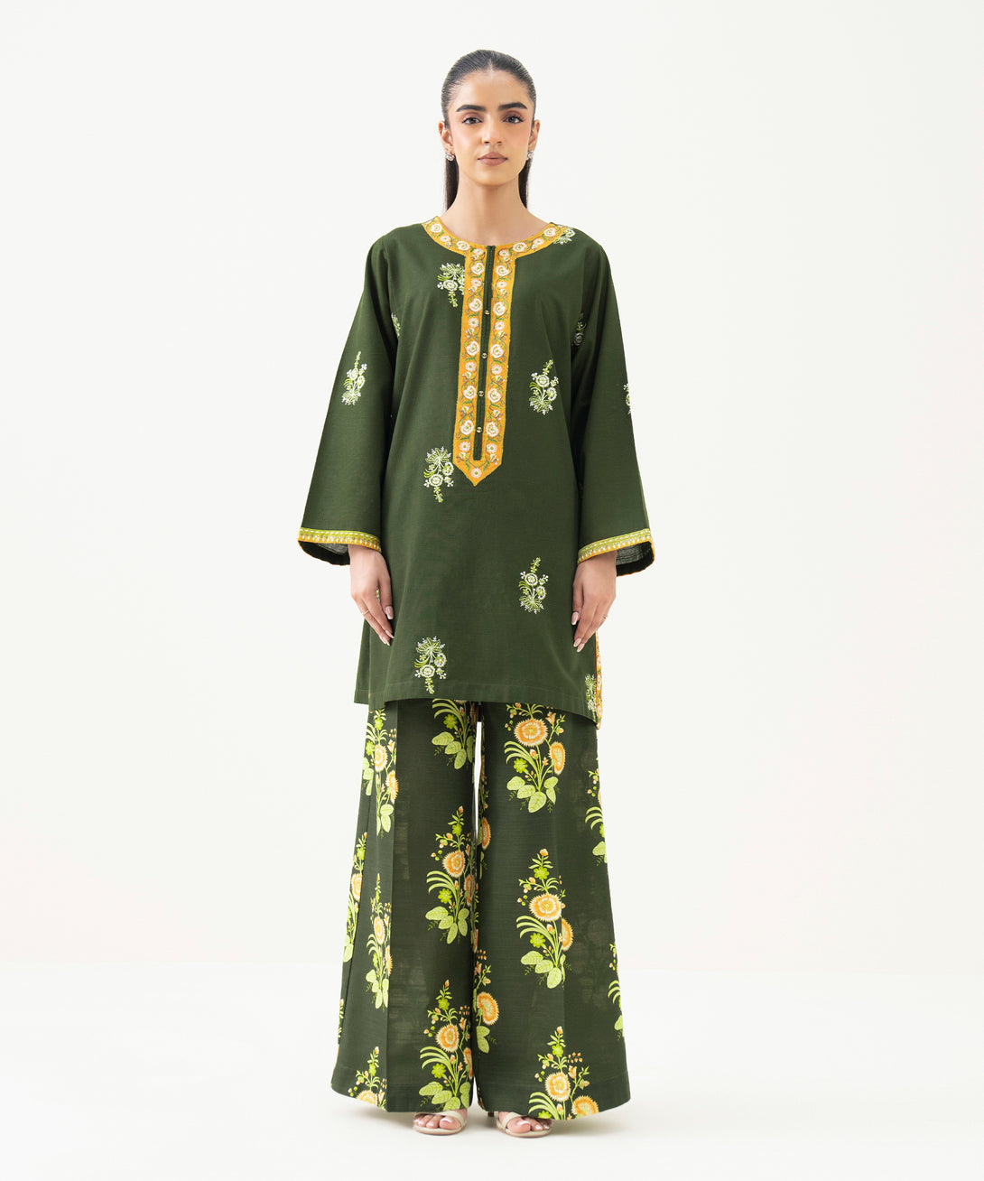 Women's RTW Light Khaddar Green Embroidered Straight Shirt