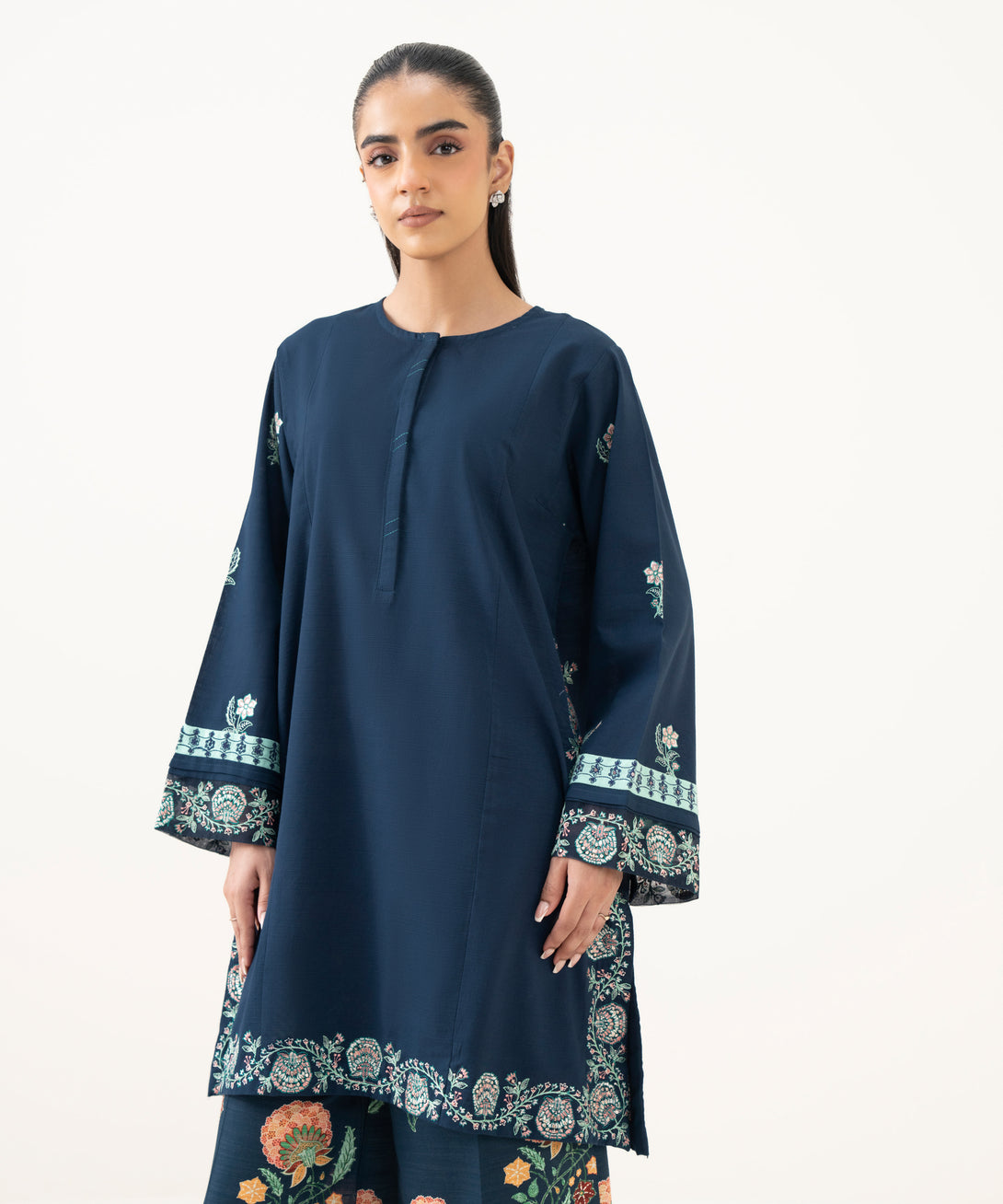 Women's RTW Light Khaddar Blue Embroidered Straight Shirt