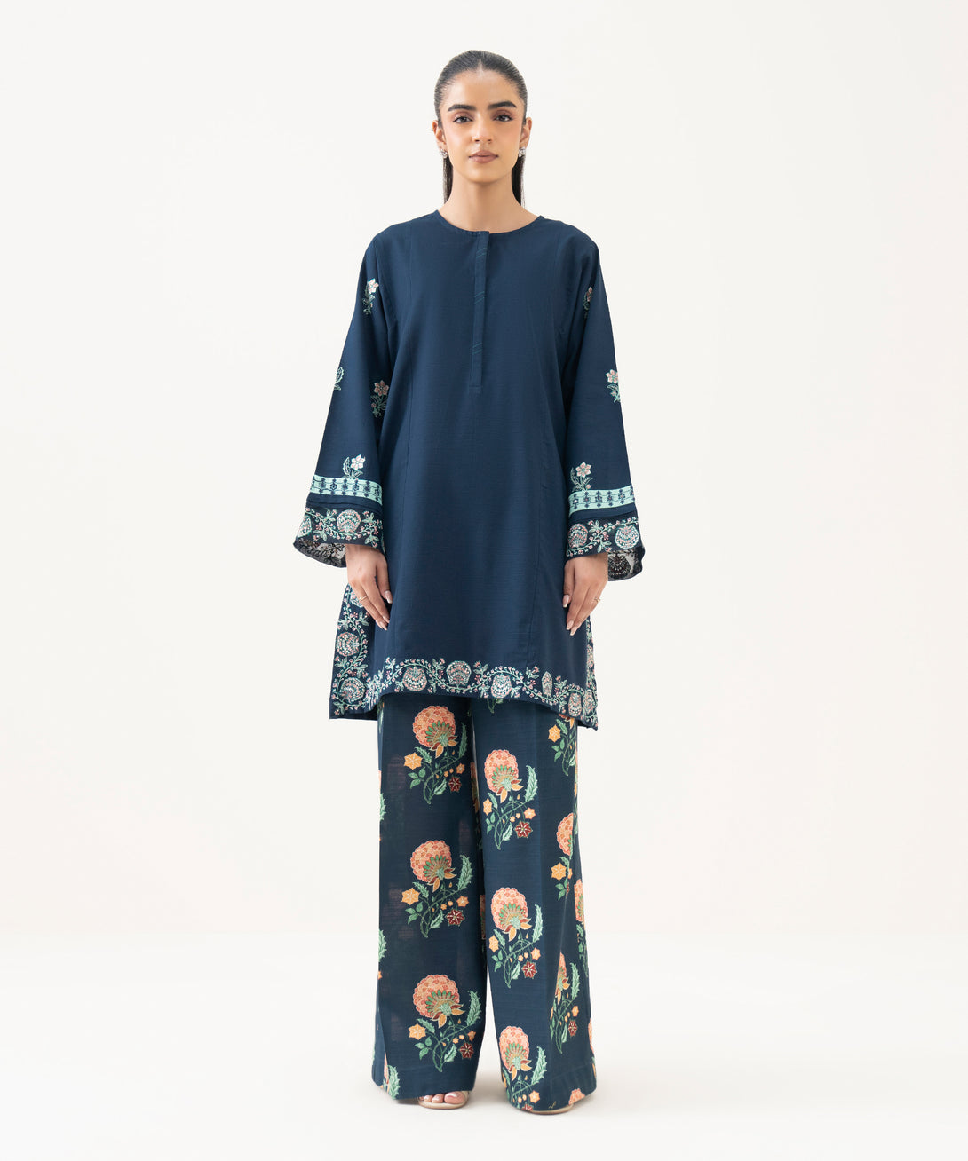 Women's RTW Light Khaddar Blue Embroidered Straight Shirt