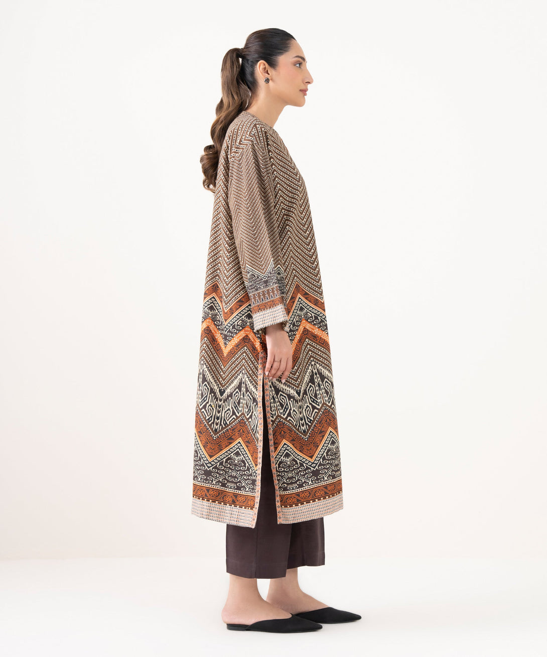 Women's RTW Light Khaddar Embroidered Brown Front Open Shirt