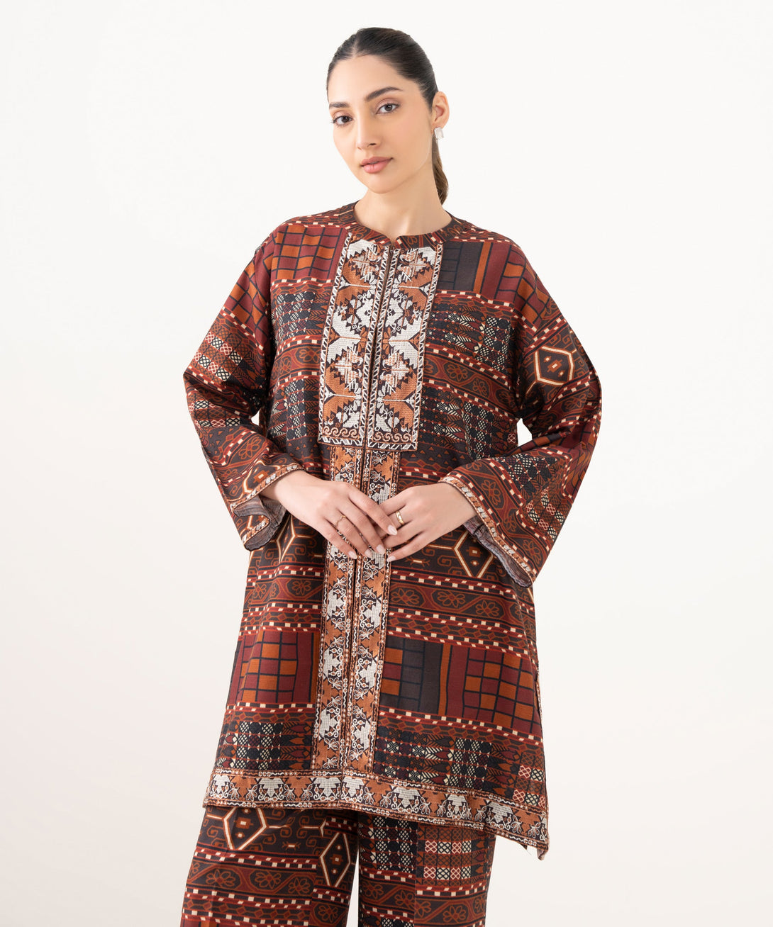 Women's RTW Light Khaddar Embroidered Brown Drop Shoulder Shirt