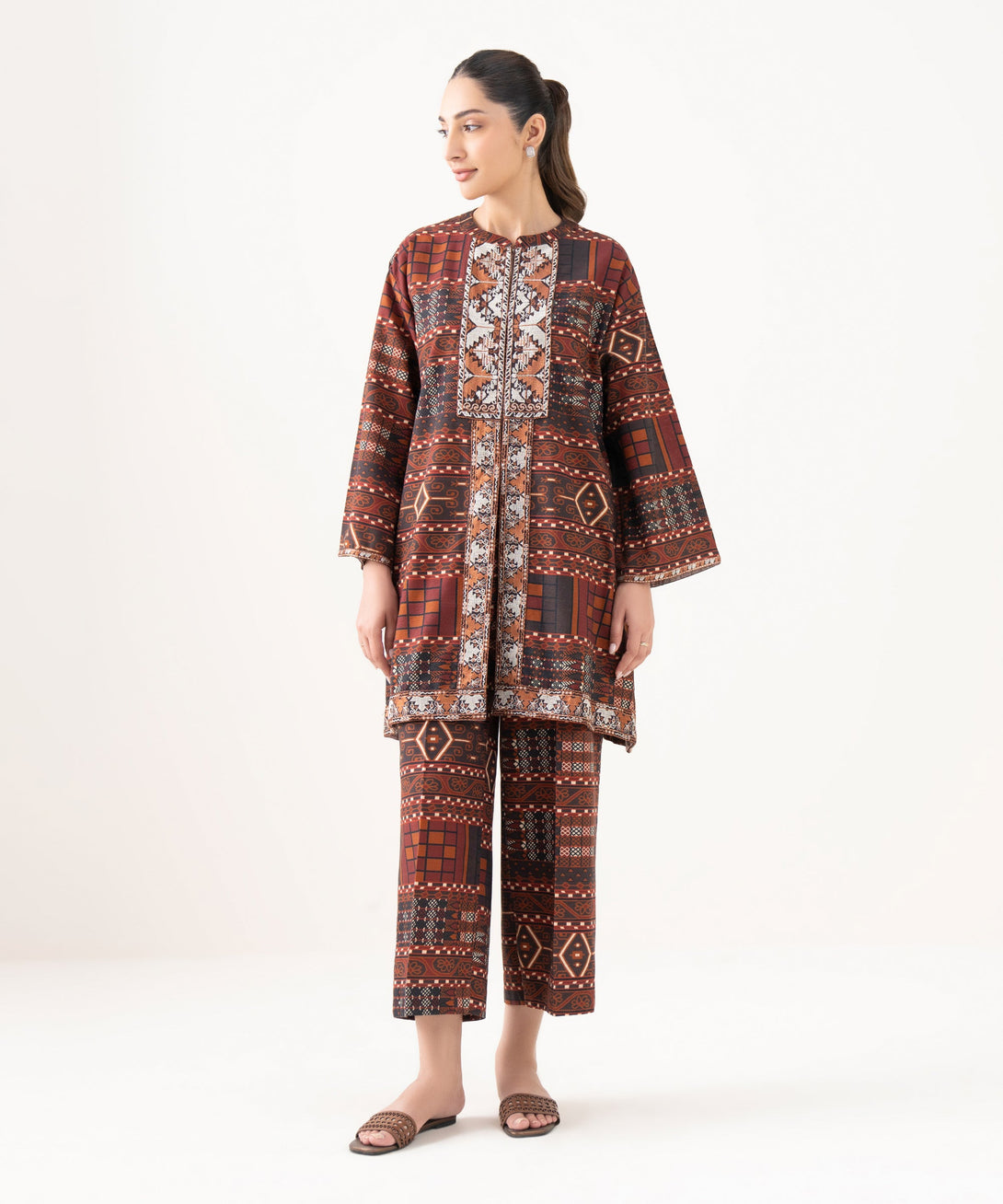 Women's RTW Light Khaddar Embroidered Brown Drop Shoulder Shirt