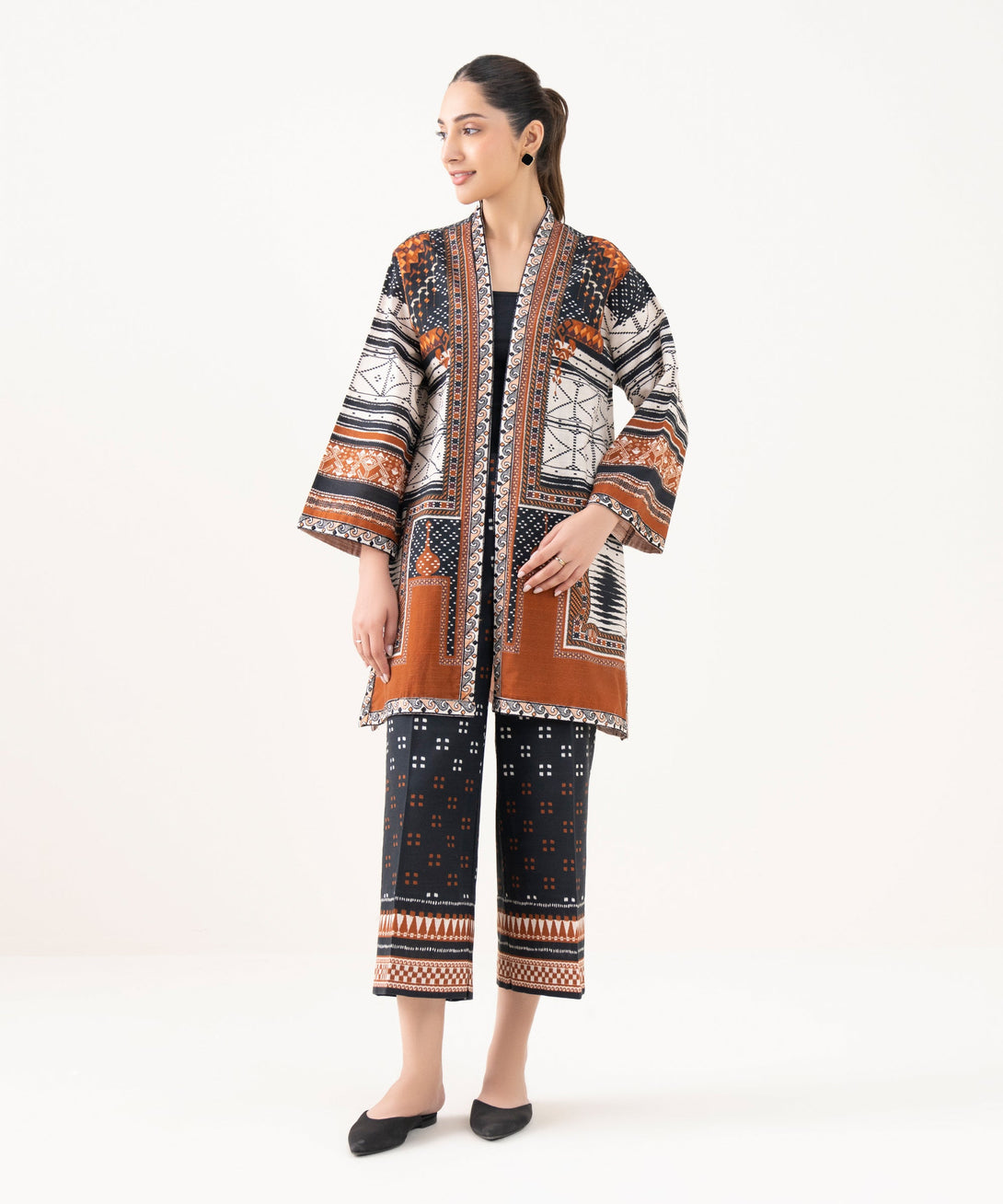 Women's RTW Light Khaddar Embroidered Brown Front Open Shirt