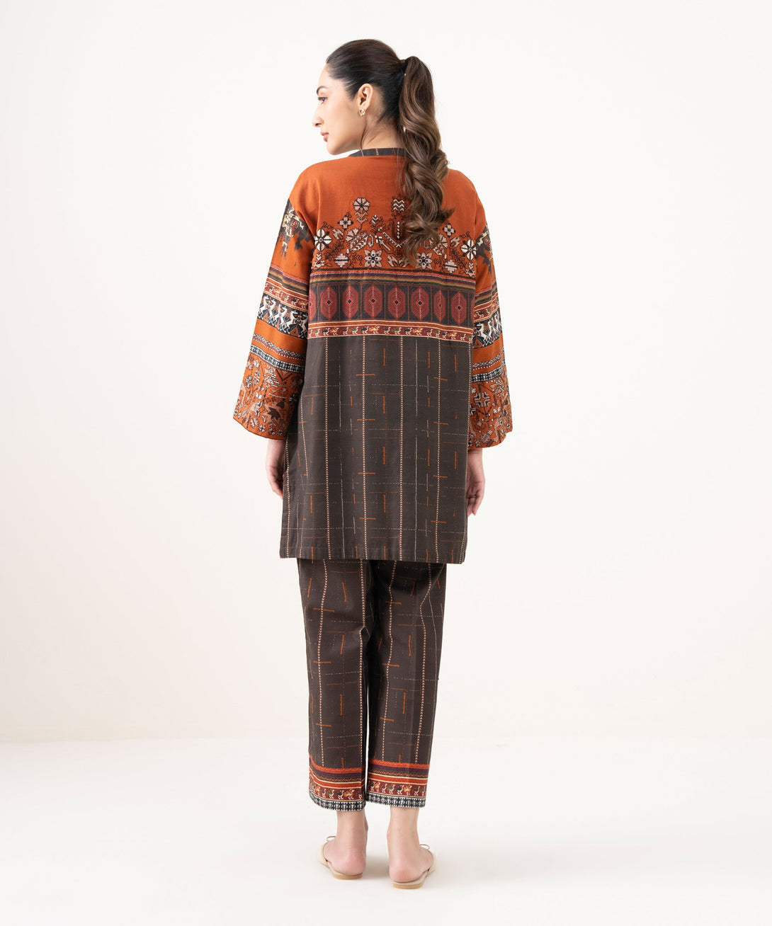 Women's RTW Light Khaddar Embroidered Rust Drop Shoulder Shirt