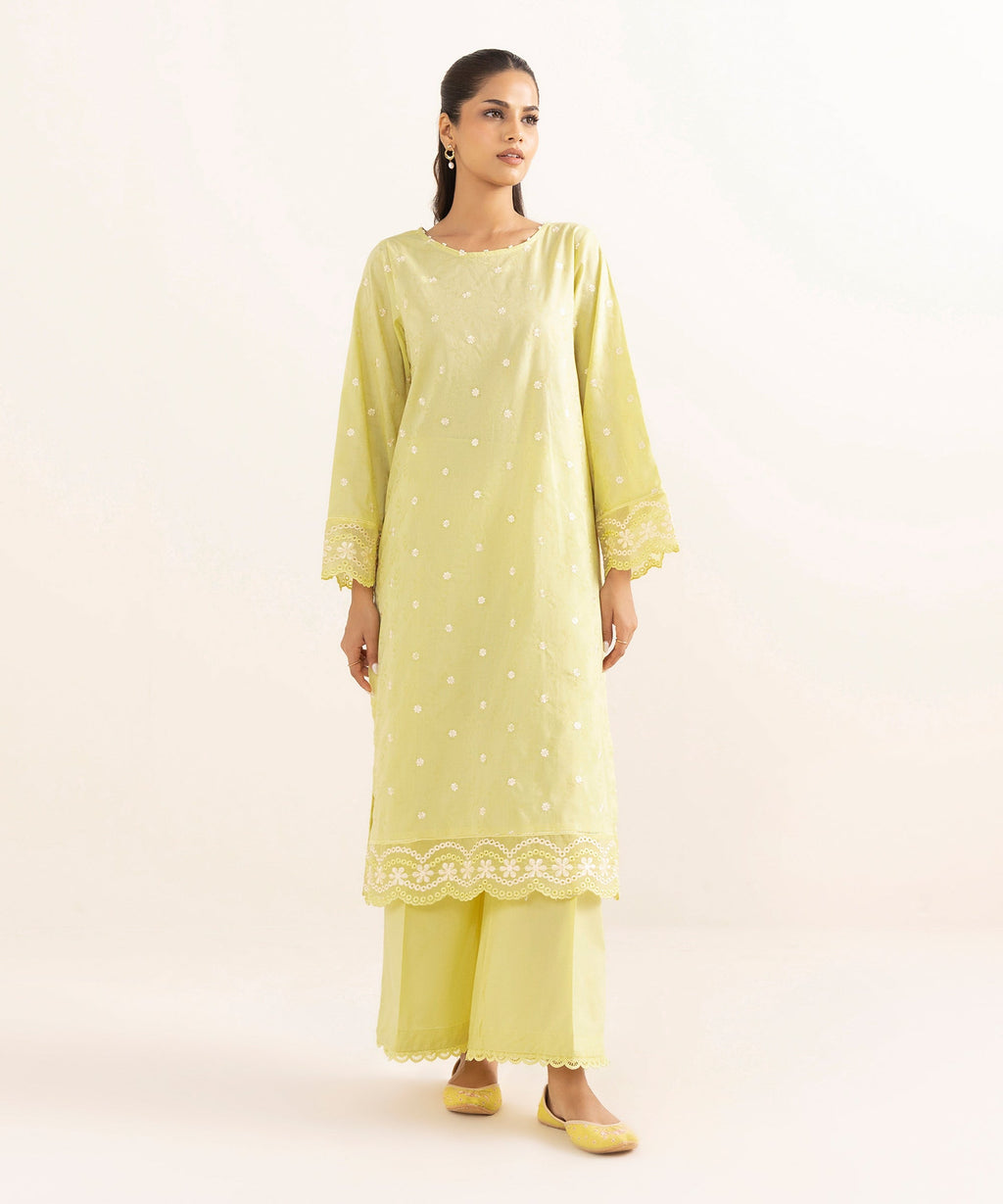 Women's RTW Cotton Jacquard Yellow Embroidered A-Line Shirt