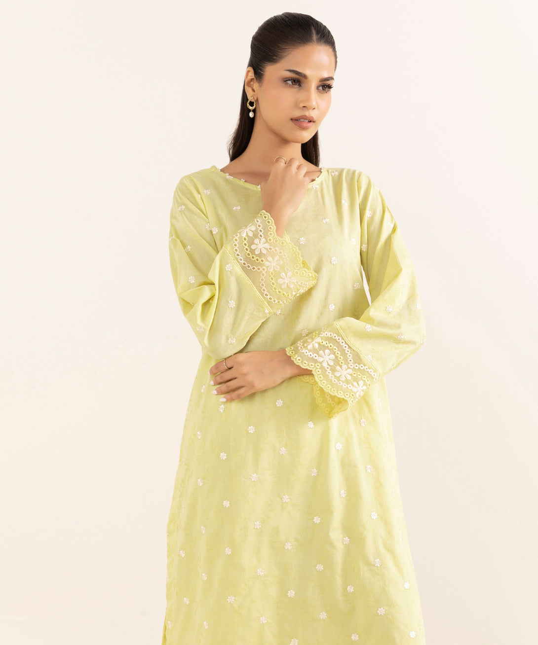 Women's RTW Cotton Jacquard Yellow Embroidered A-Line Shirt