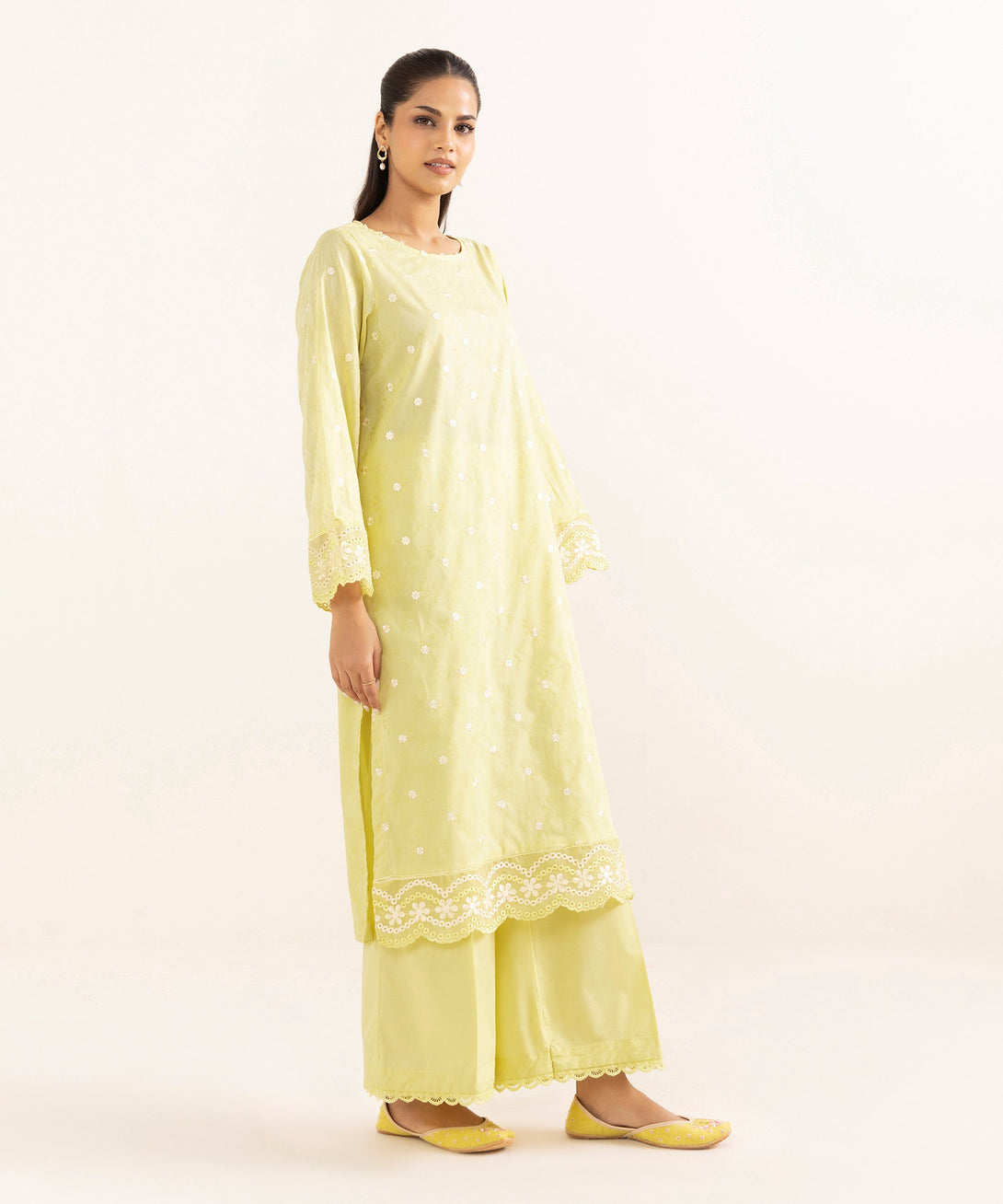 Women's RTW Cotton Jacquard Yellow Embroidered A-Line Shirt