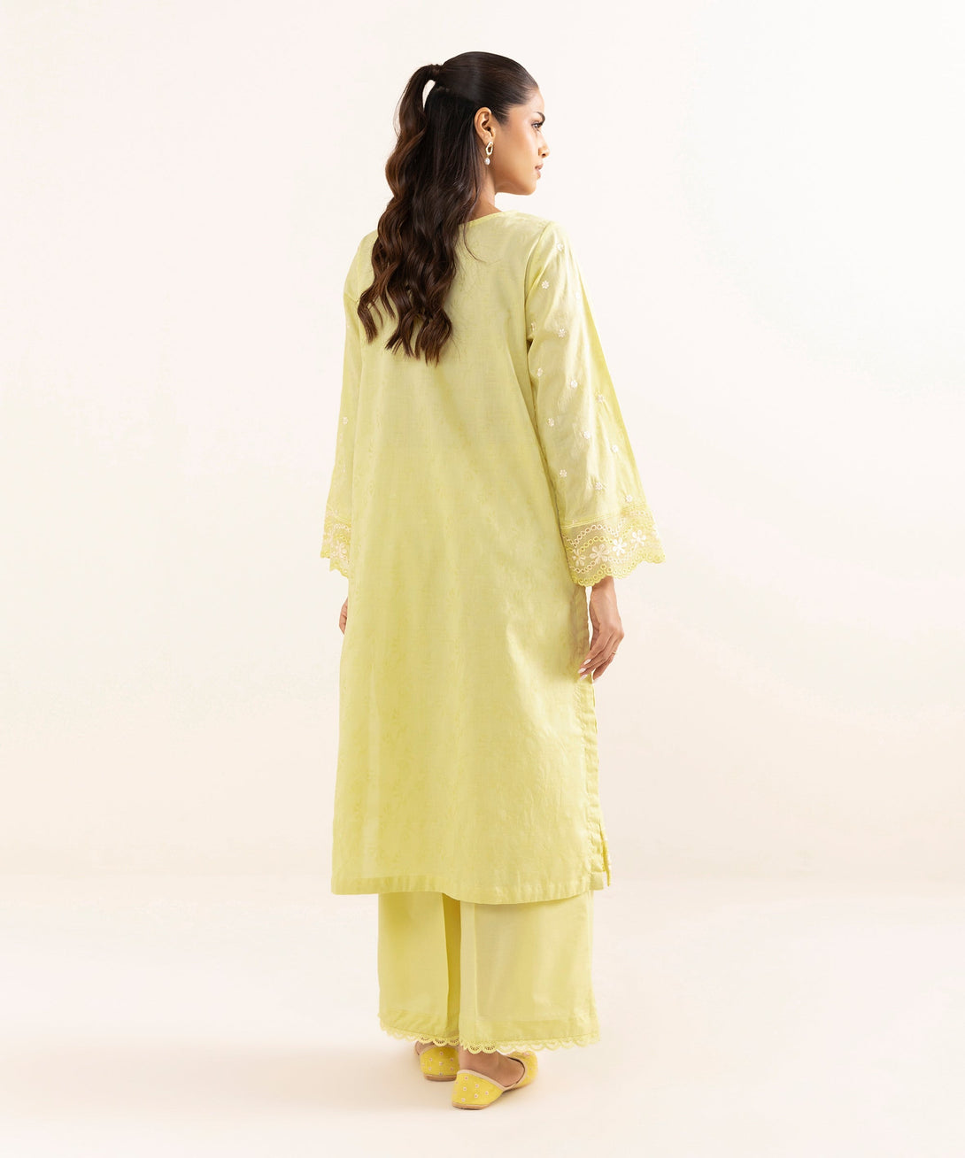 Women's RTW Cotton Jacquard Yellow Embroidered A-Line Shirt