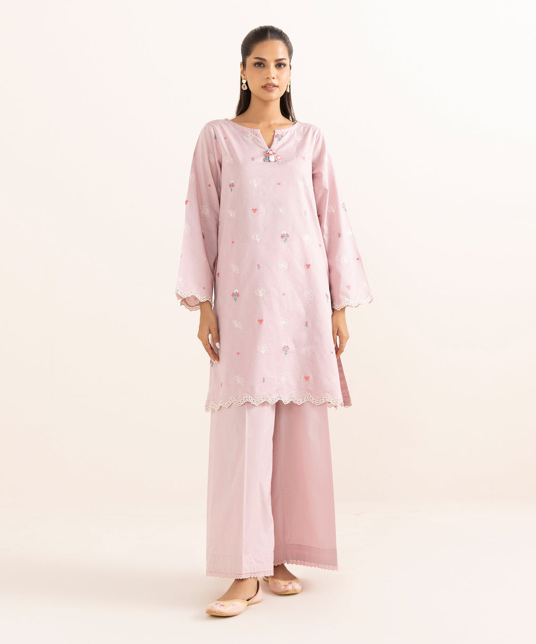 Women's RTW Cotton Jacquard Pink Embroidered A-Line Shirt
