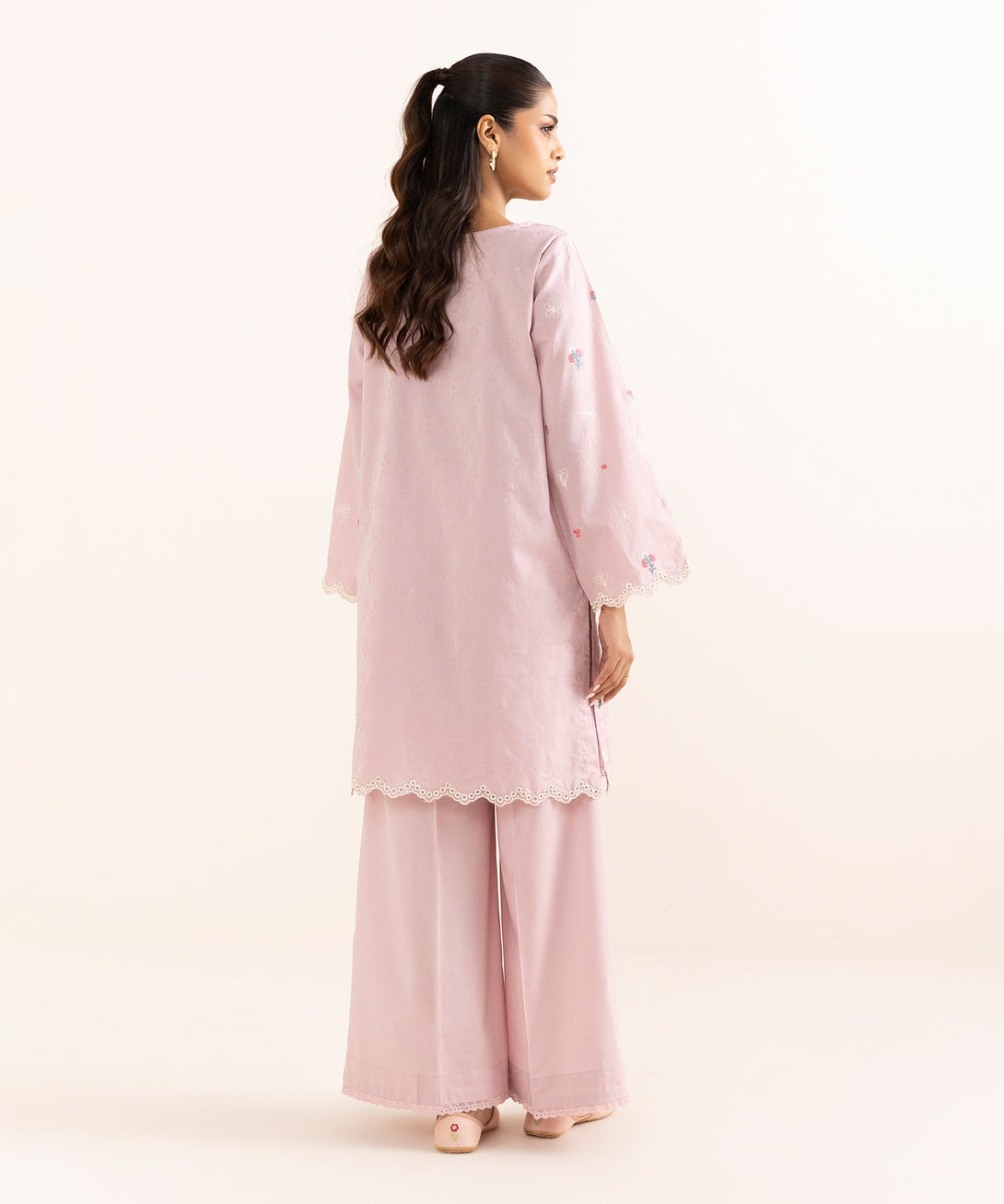 Women's RTW Cotton Jacquard Pink Embroidered A-Line Shirt