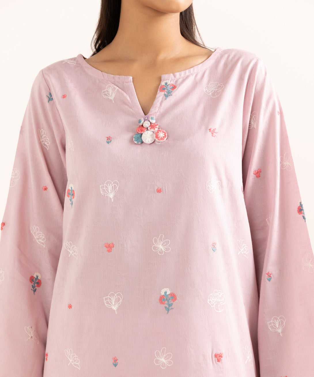 Women's RTW Cotton Jacquard Pink Embroidered A-Line Shirt