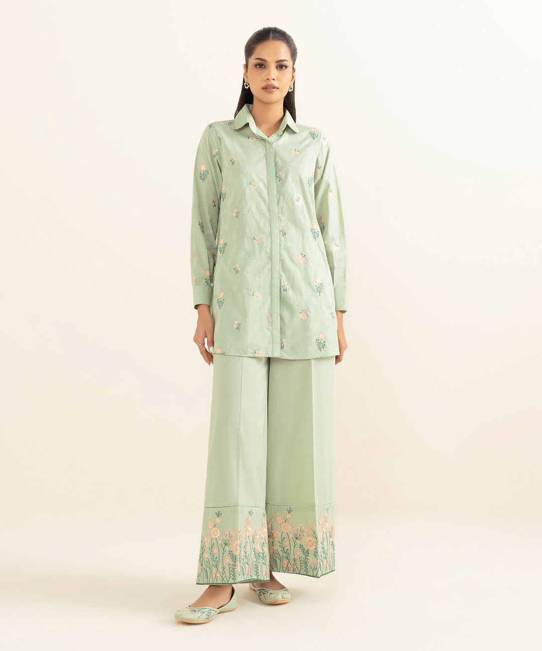 Women's RTW Cotton Jacquard Green Embroidered Button Down Shirt