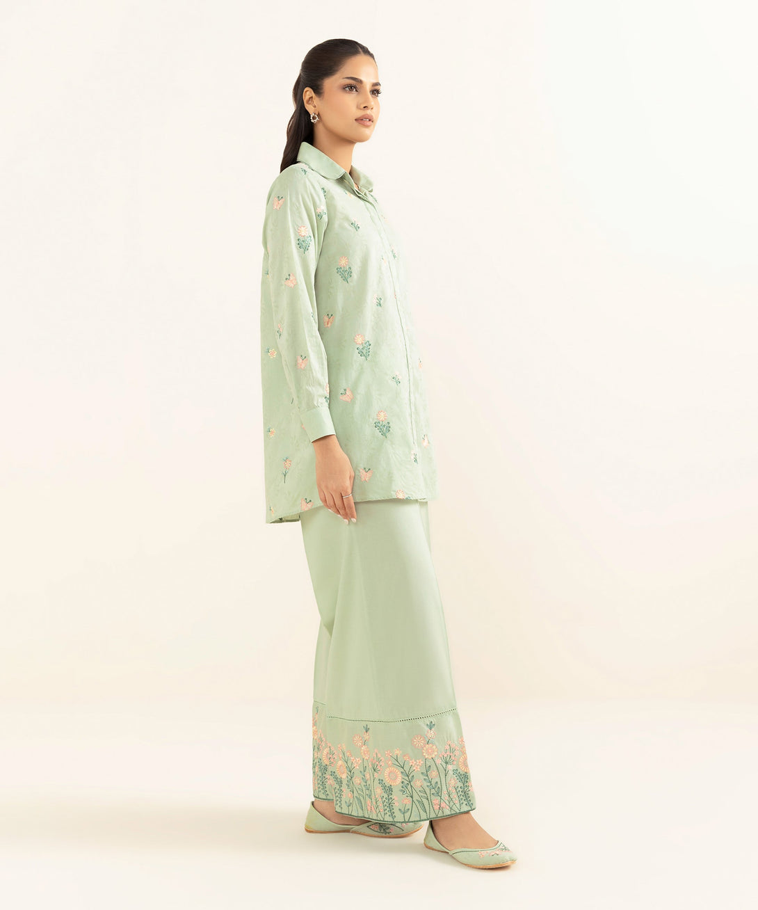 Women's RTW Cotton Jacquard Green Embroidered Button Down Shirt