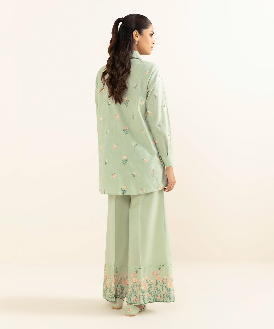 Women's RTW Cotton Jacquard Green Embroidered Button Down Shirt