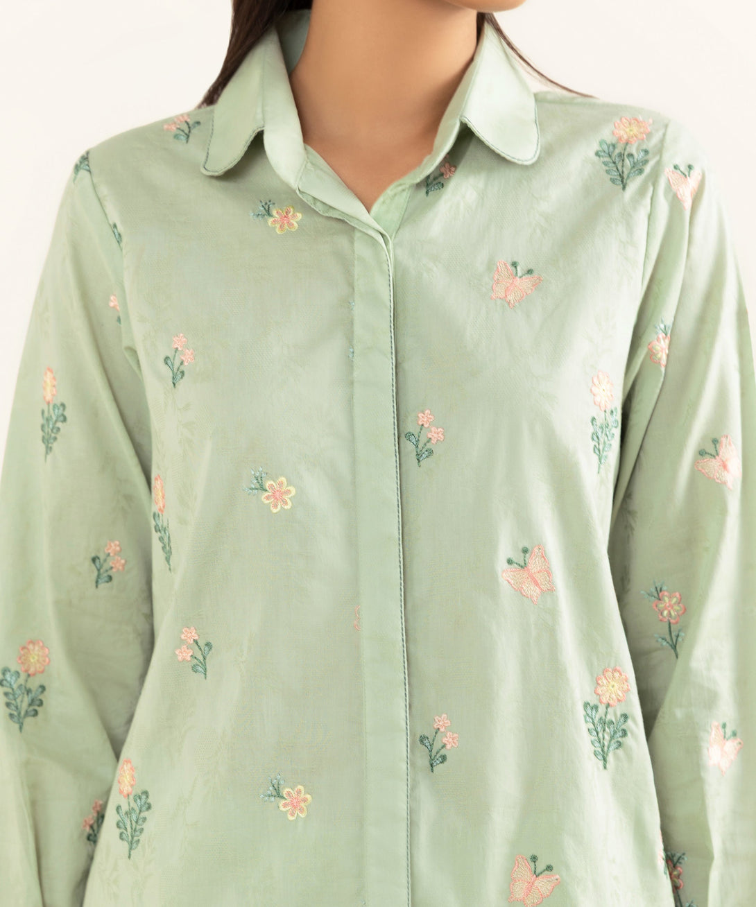 Women's RTW Cotton Jacquard Green Embroidered Button Down Shirt
