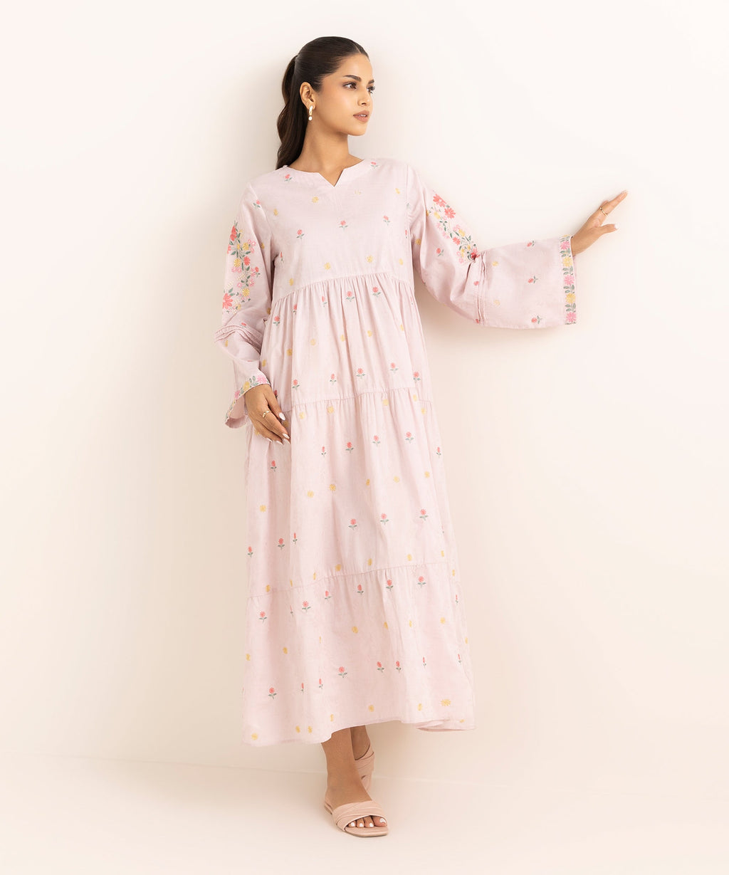 Women's RTW Cotton Jacquard Pink Embroidered Tier Dress