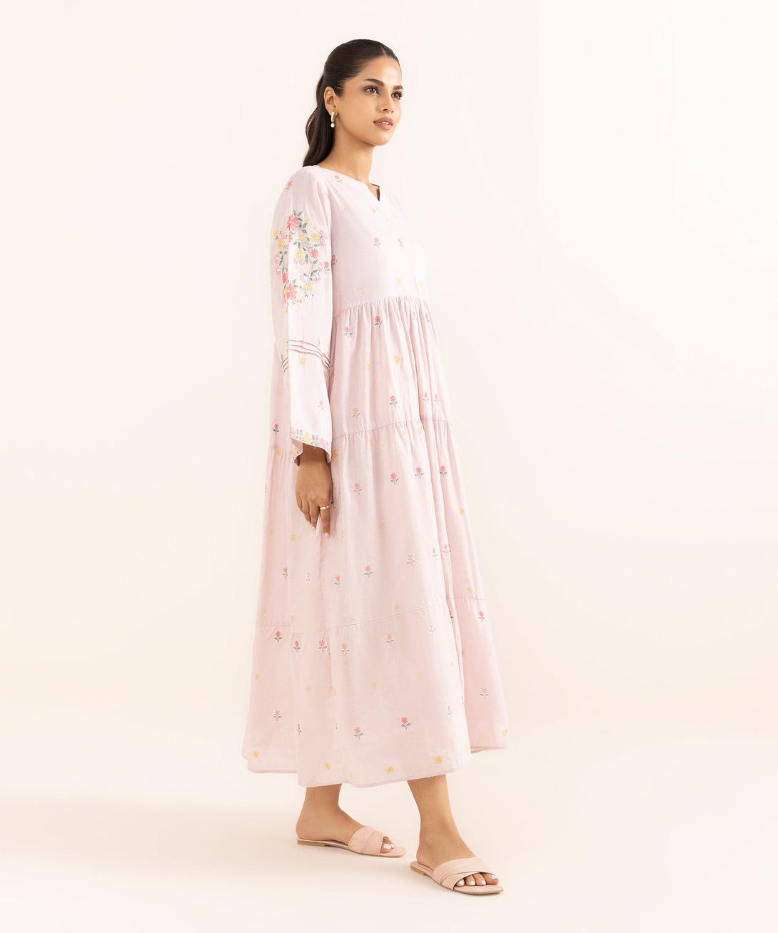 Women's RTW Cotton Jacquard Pink Embroidered Tier Dress