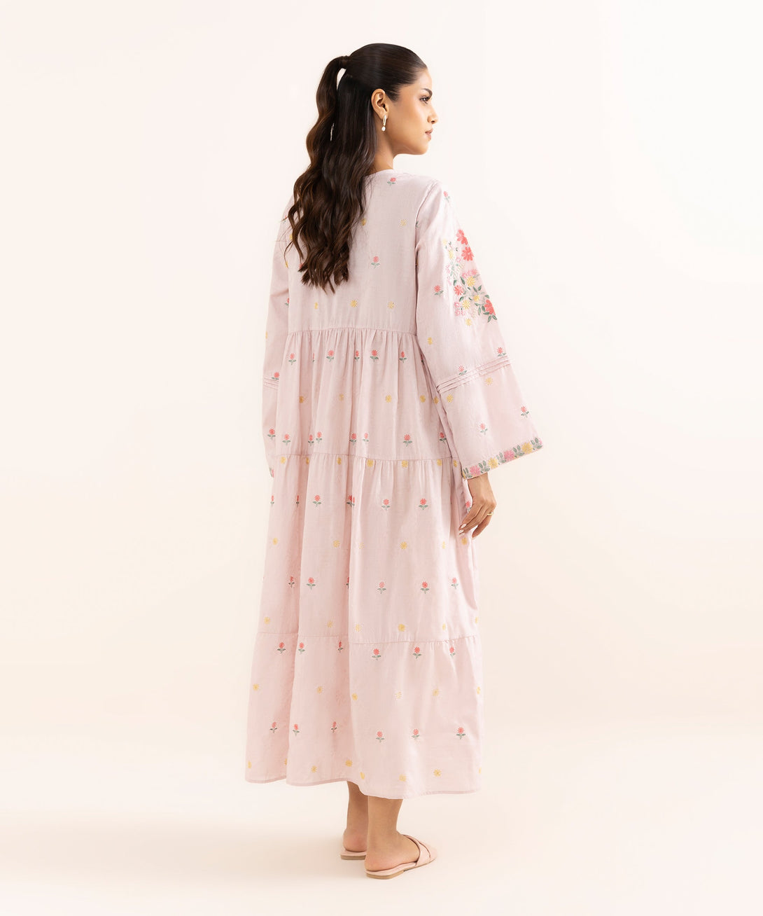 Women's RTW Cotton Jacquard Pink Embroidered Tier Dress