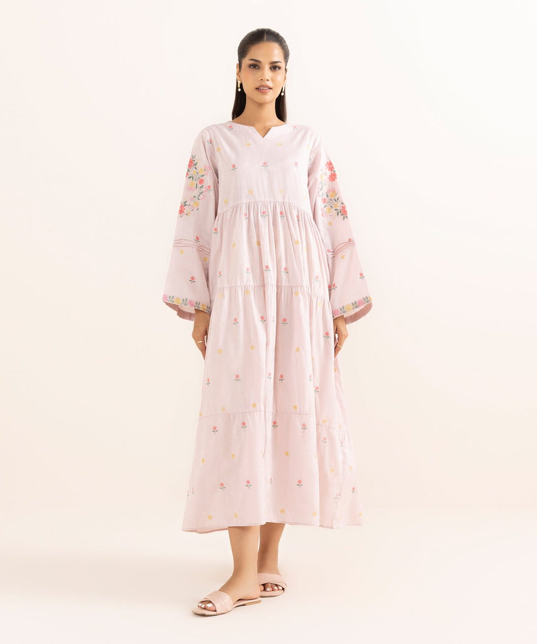 Women's RTW Cotton Jacquard Pink Embroidered Tier Dress