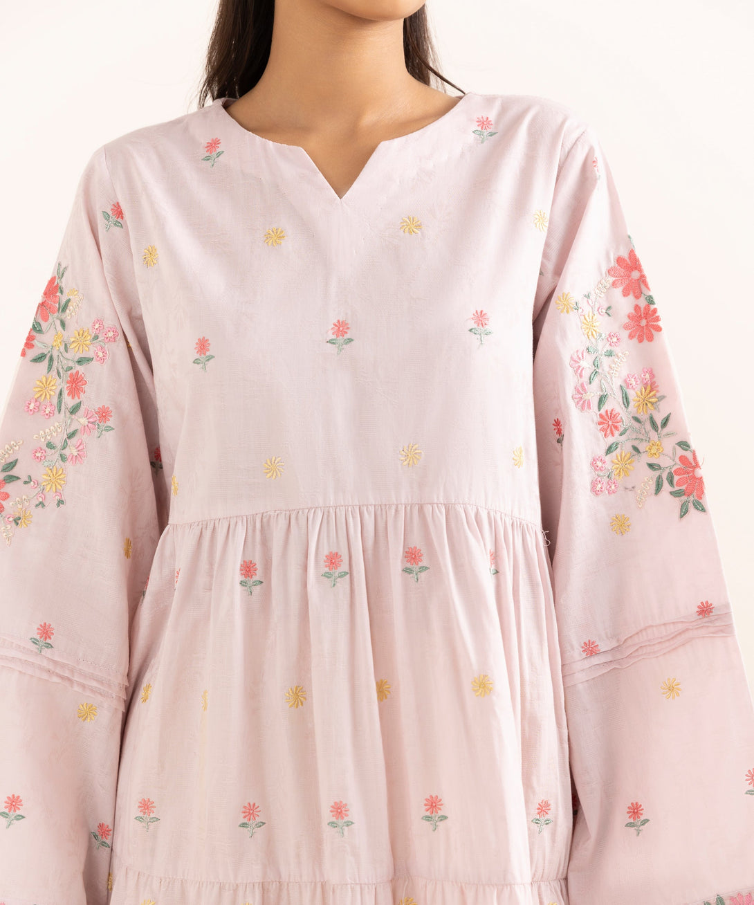 Women's RTW Cotton Jacquard Pink Embroidered Tier Dress