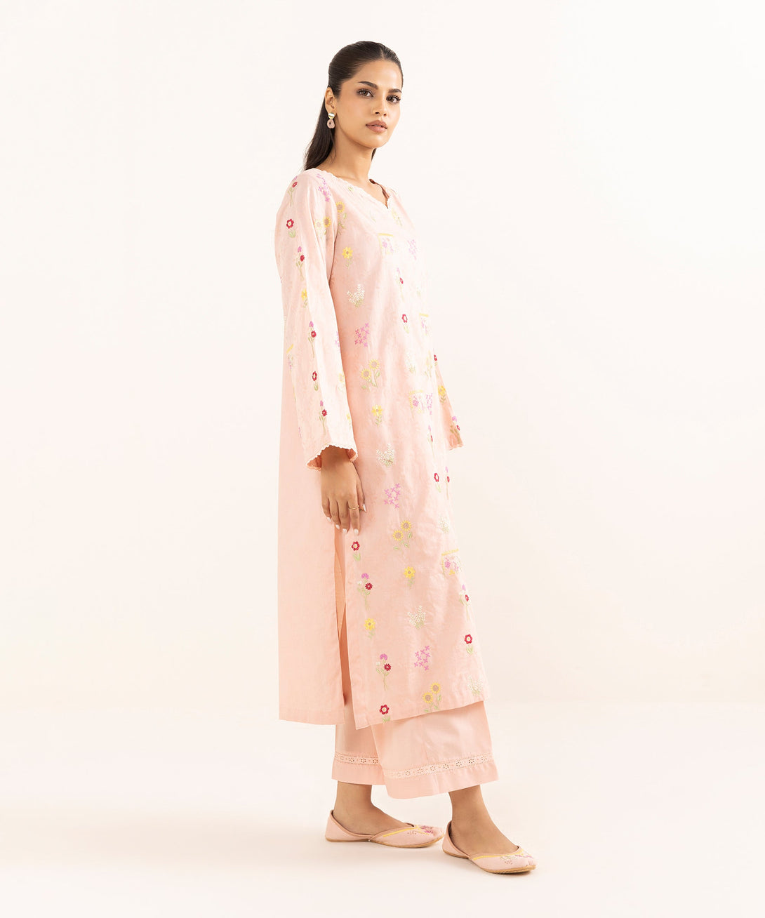 Women's RTW Cotton Jacquard Pink Embroidered A-Line Shirt