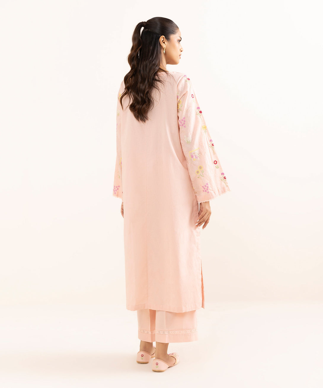 Women's RTW Cotton Jacquard Pink Embroidered A-Line Shirt