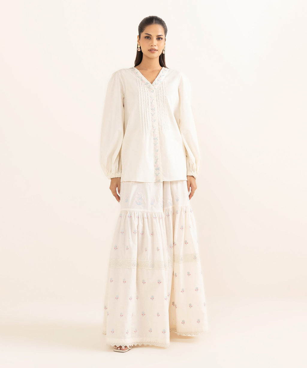 Women's RTW Cotton Jacquard Off White Embroidered  2 Piece Suit