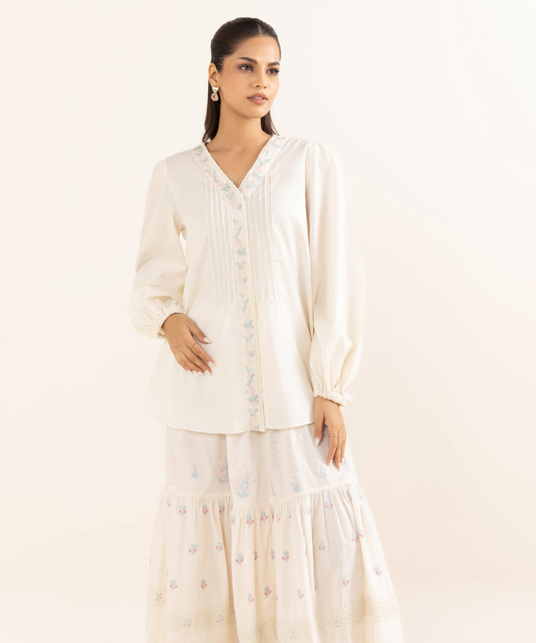 Women's RTW Cotton Jacquard Off White Embroidered  2 Piece Suit