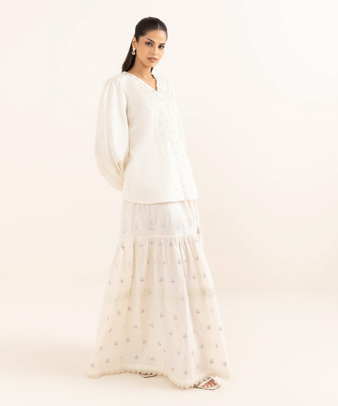 Women's RTW Cotton Jacquard Off White Embroidered  2 Piece Suit