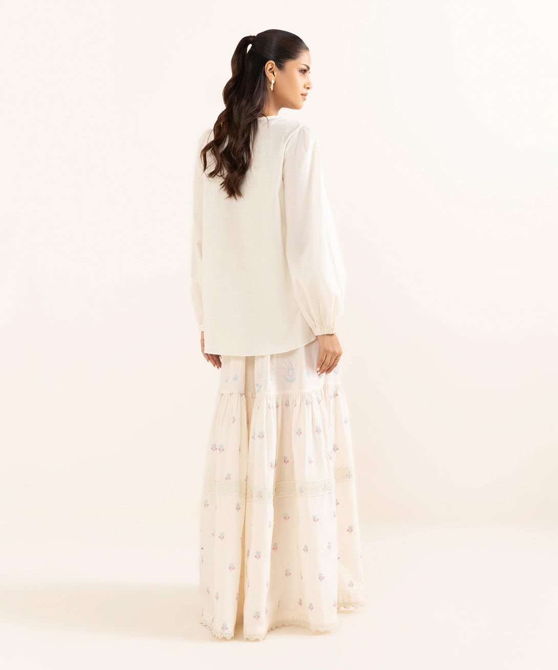 Women's RTW Cotton Jacquard Off White Embroidered  2 Piece Suit