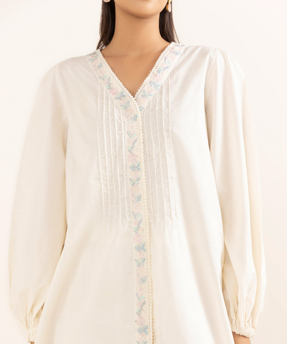 Women's RTW Cotton Jacquard Off White Embroidered  2 Piece Suit