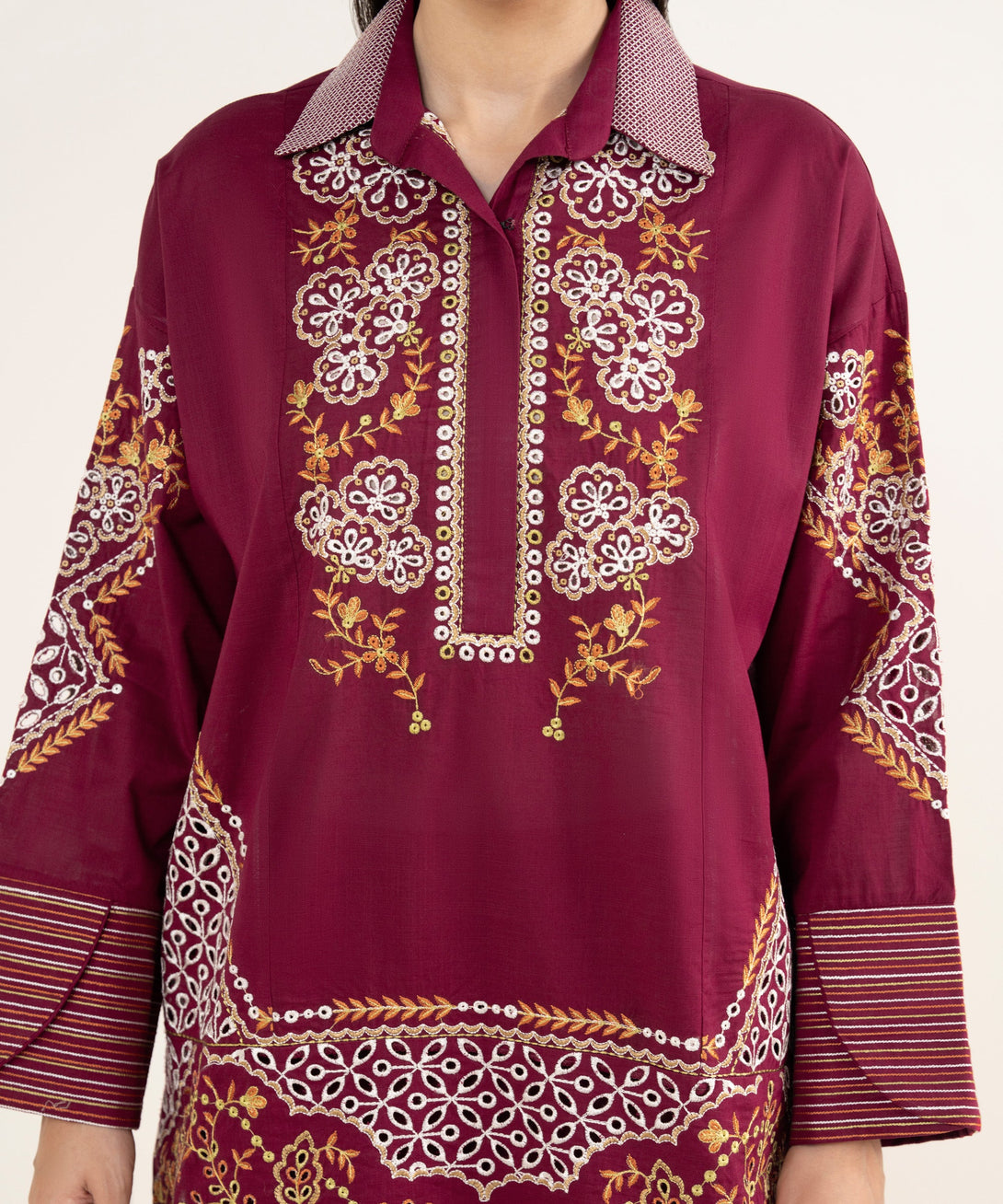 Women's RTW Cross Hatch Maroon Embroidered Boxy Shirt