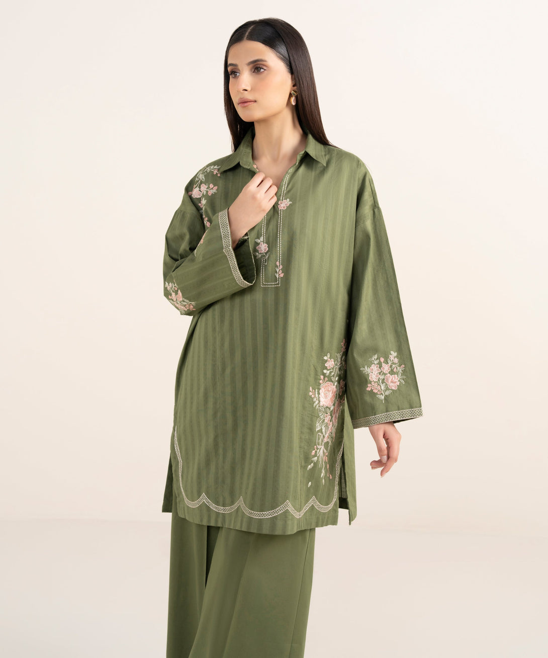 Women's RTW Textured Lawn Green Embroidered Boxy Shirt