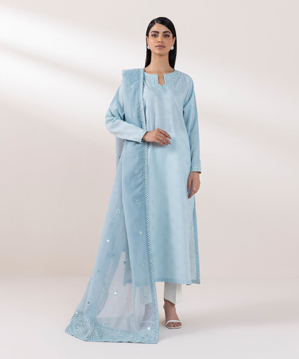 Blended Textured Karandi Embroidered Blue Dupatta