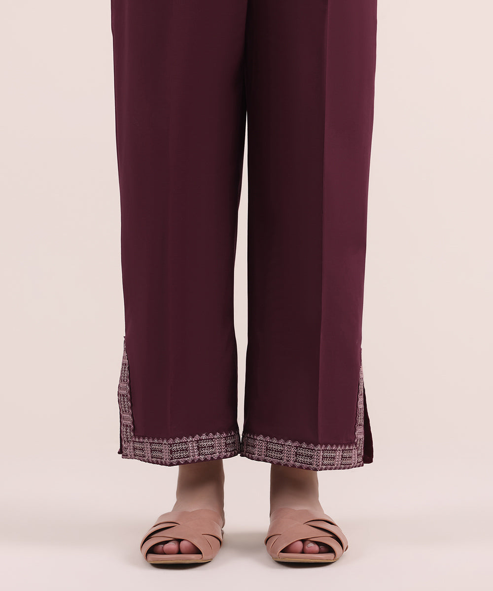 Women's Pret Cambric Red Embroidered Straight Pants