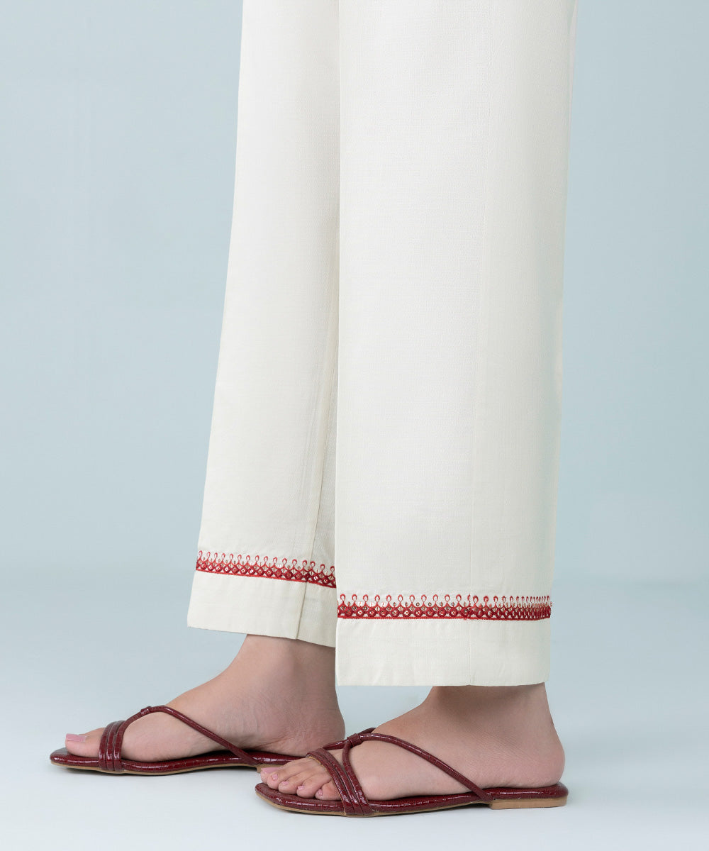 Women's Pret Dobby Embroidered White Straight Pants