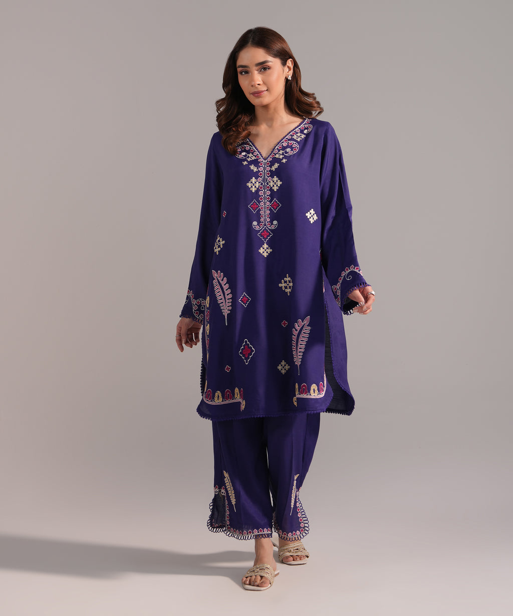 2 Piece - Embroidered Raw Silk Suit