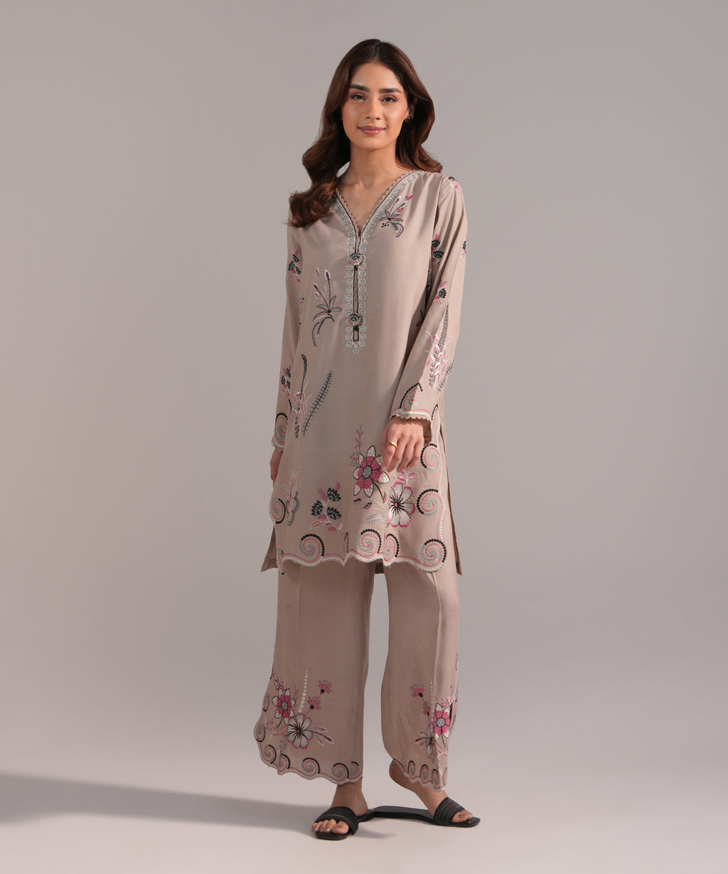 2 Piece - Embroidered Raw Silk Suit