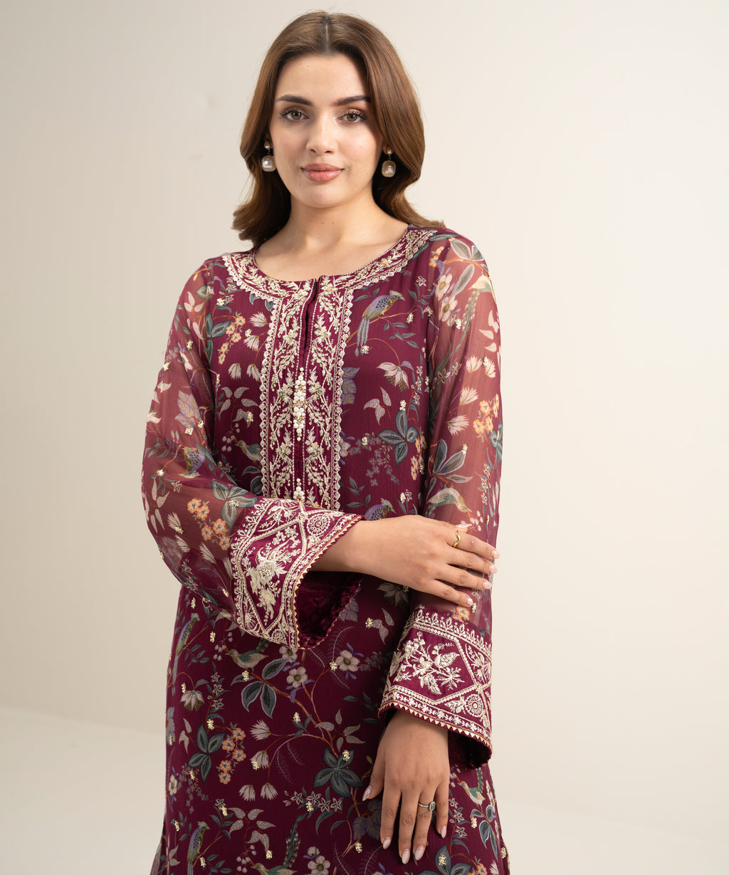 2 Piece - Embroidered Chiffon Suit