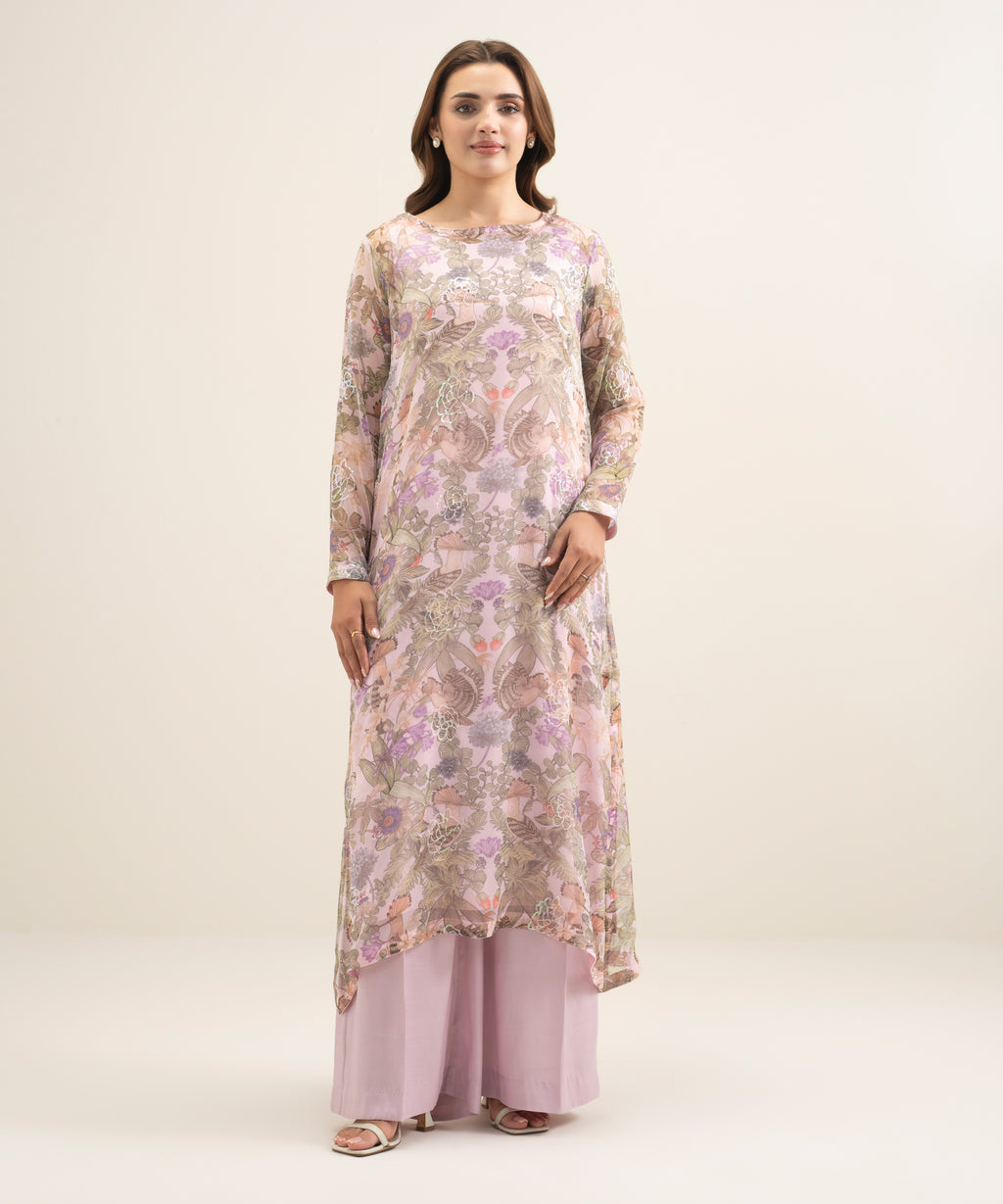 2 Piece - Embroidered Chiffon Suit