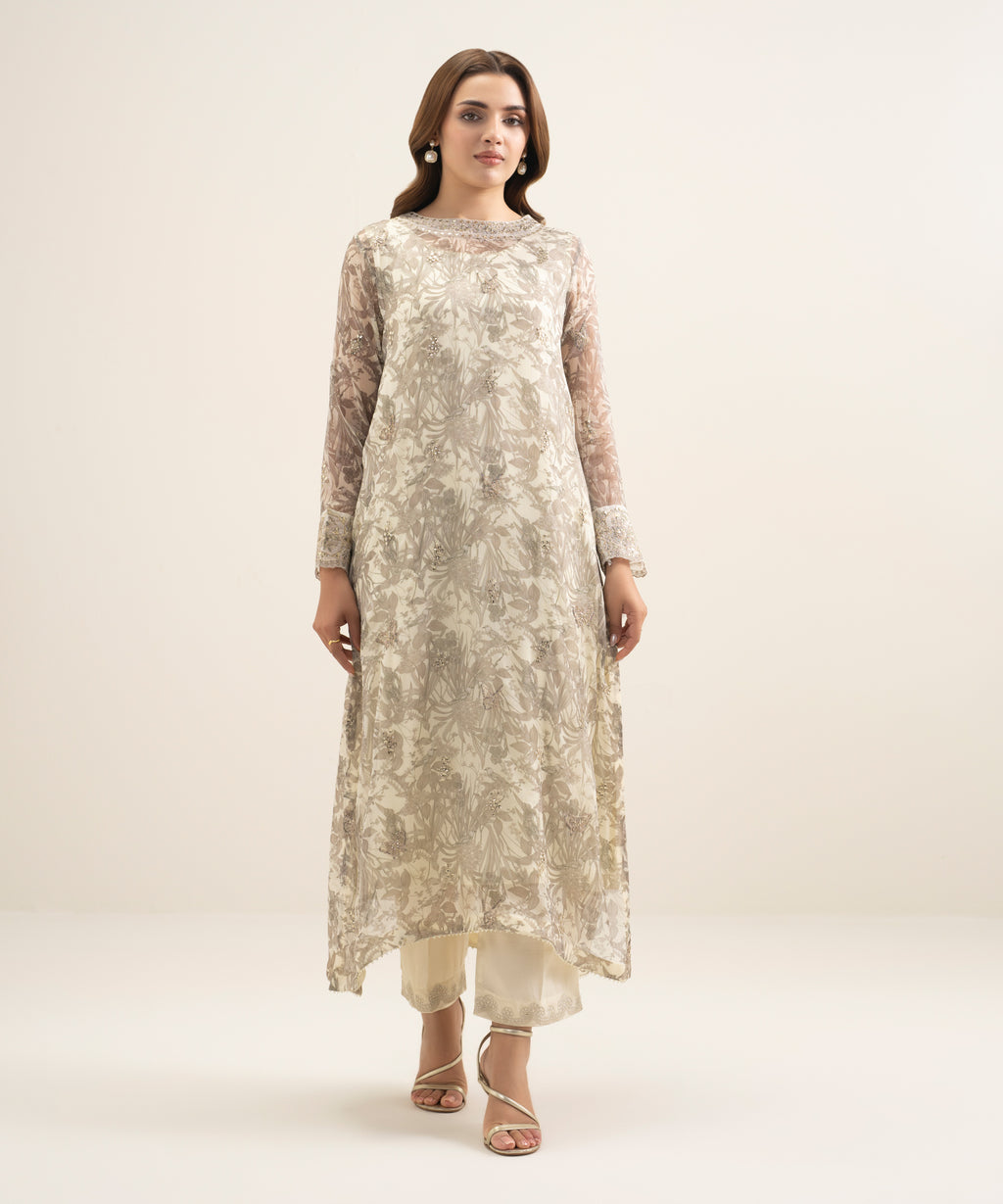 2 Piece - Embroidered Chiffon Suit