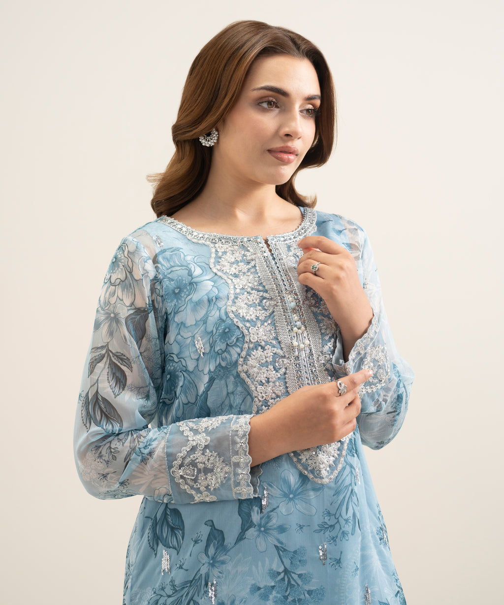 2 Piece - Embroidered Chiffon Suit