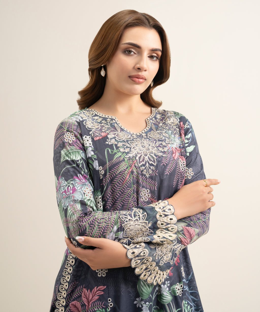 2 Piece - Embroidered Raw Silk Suit