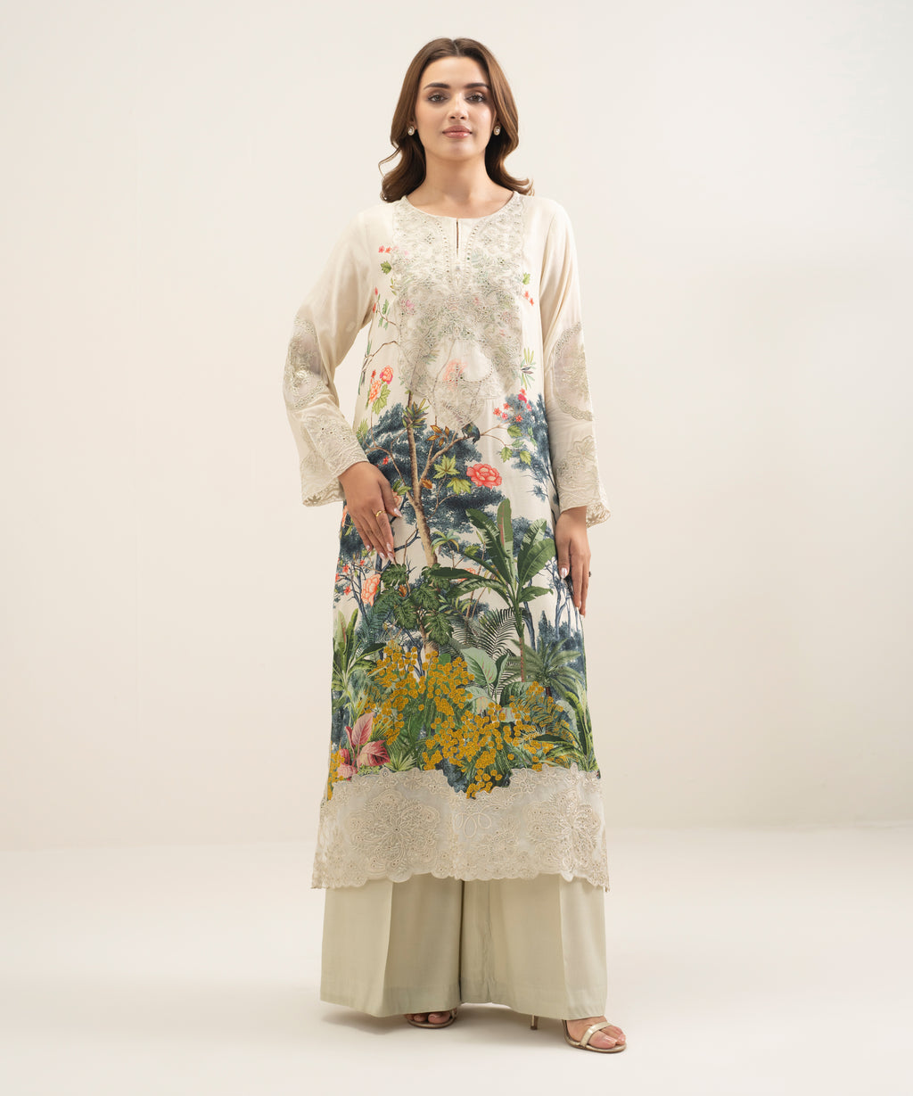 2 Piece - Embroidered Raw Silk Suit
