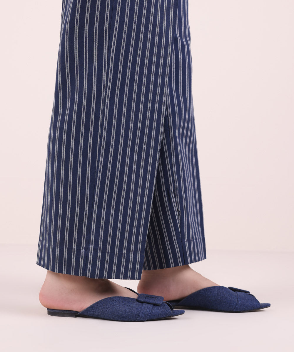 Women's Pret Yarn Dyed Solid Blue Straight Pants