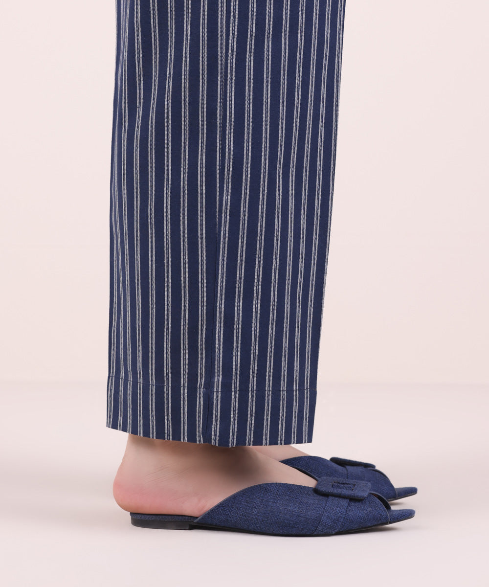 Women's Pret Yarn Dyed Solid Blue Straight Pants