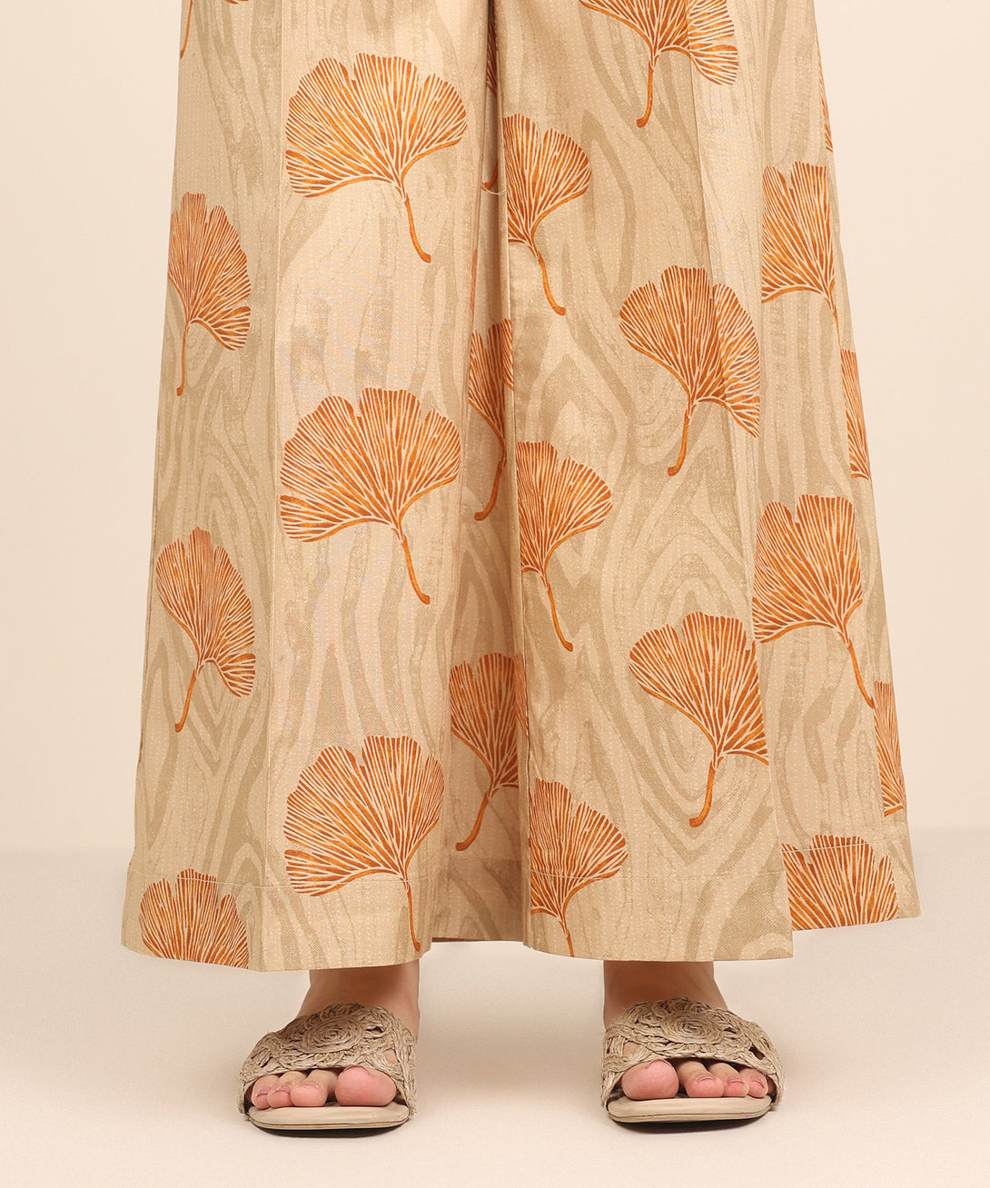 Women's RTW Cambric Beige Printed Flared Pants