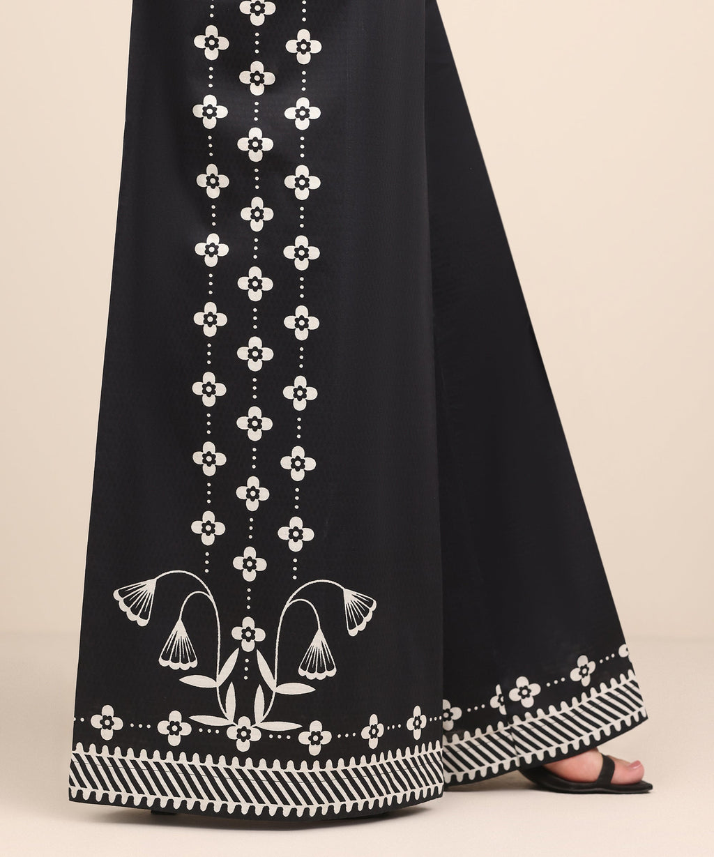 Women's RTW Textured Cotton Black Printed Flared Pants