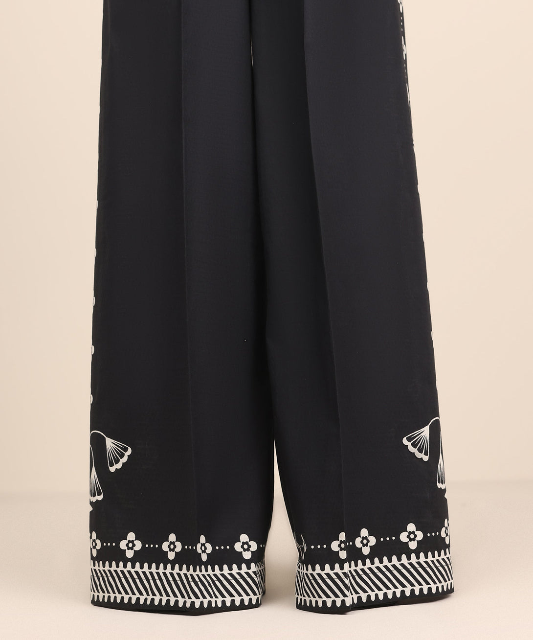 Women's RTW Textured Cotton Black Printed Flared Pants